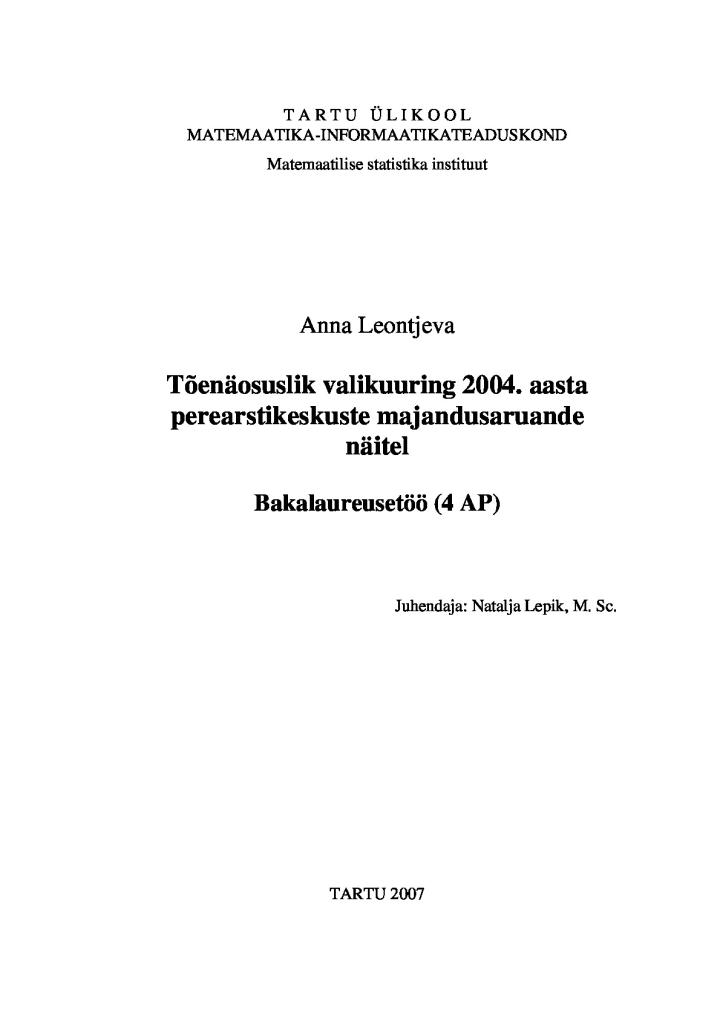 Tõenäosuslik valikuuring 2004. aasta perearstikeskuste majandusaruande näitel